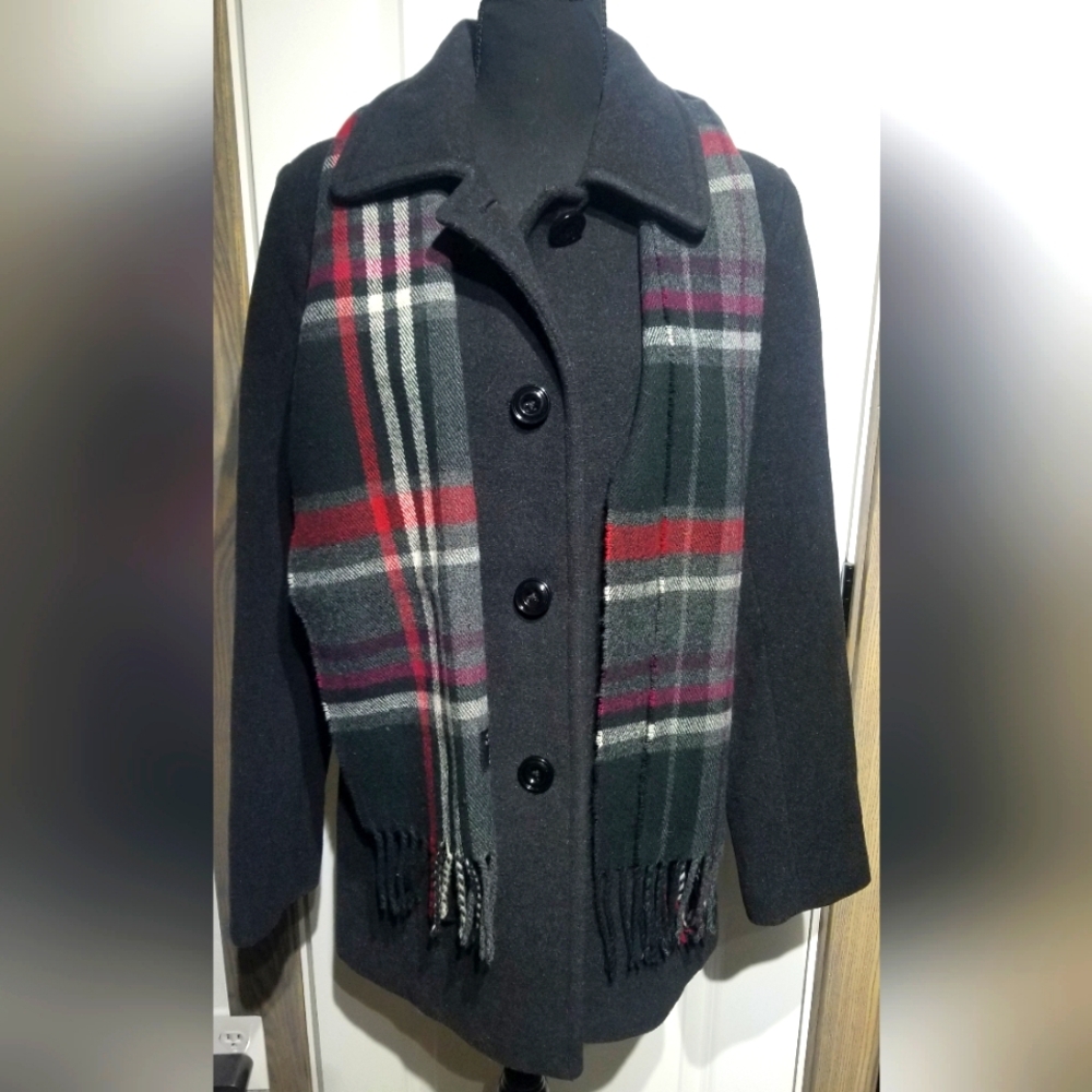 London Fog Ladies M  Charcoal Wool Blend Single-breasted Peacoat with Scarf